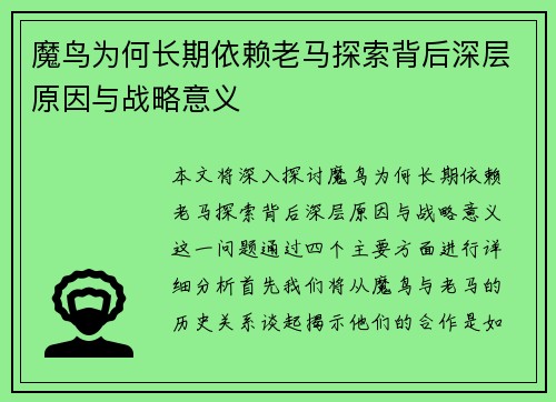 魔鸟为何长期依赖老马探索背后深层原因与战略意义 魔鸟为何长期依赖老马探索背后深层原因与战略意义